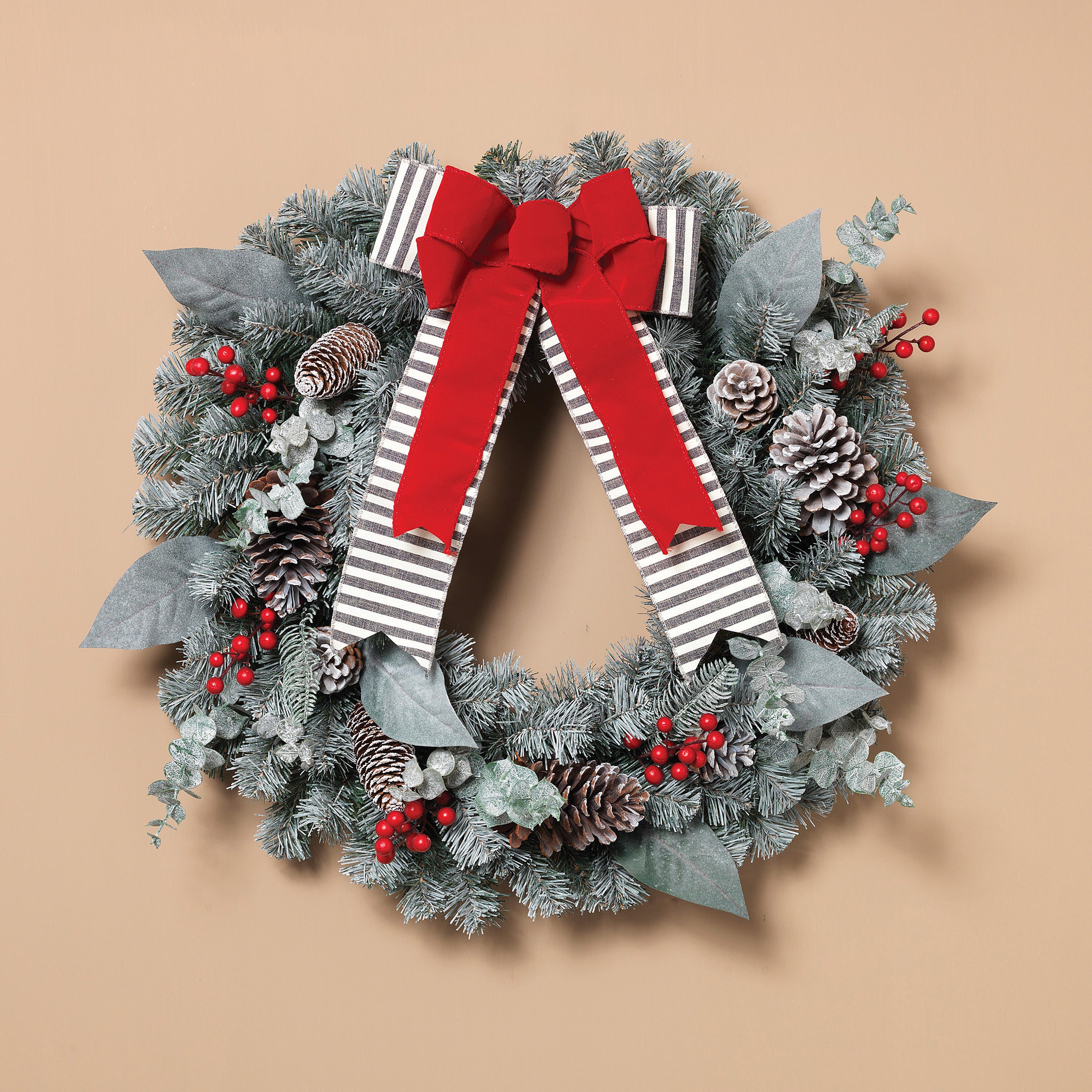 Snowy Pine Christmas Wreath with Red Berries, Pinecones, Bow